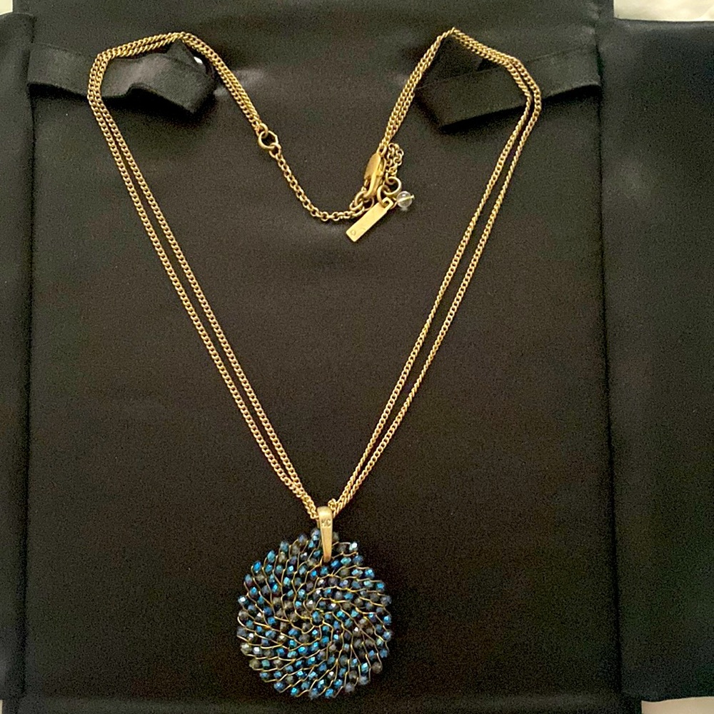 Kenneth Cole Handmade Blue Crystal Circle Pendant Necklace With Antique Chain.